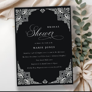 Classy Black White Art Deco Ornate Bridal Shower Invitation
