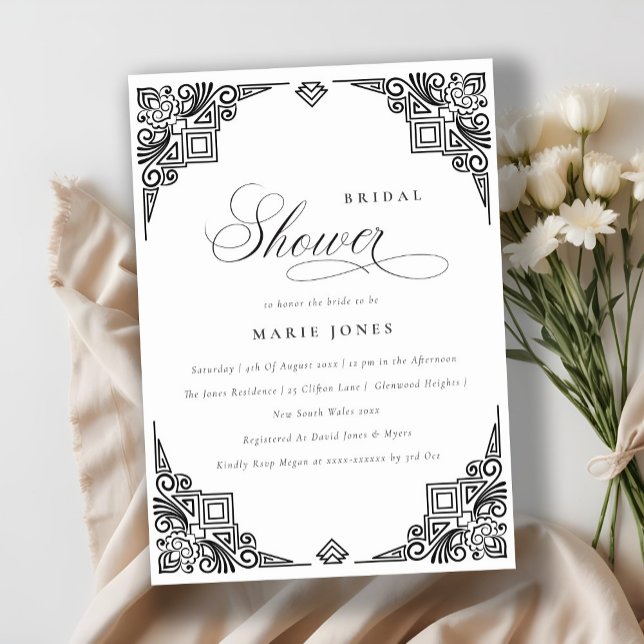 Classy Black White Art Deco Ornate Bridal Shower Invitation (Creator Uploaded)