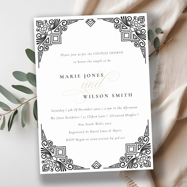 Classy Black White Art Deco Ornate Couples Shower Invitation (Creator Uploaded)