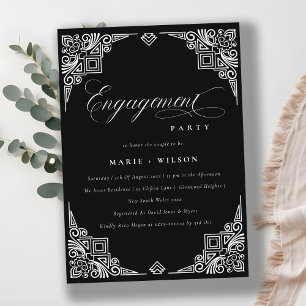 Classy Black White Art Deco Ornate Engagement Invitation