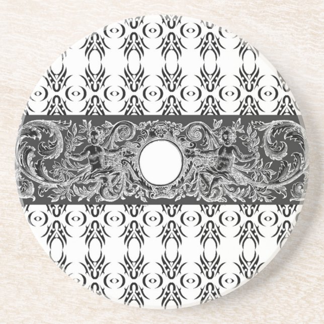 Classy black white Baroque pattern to customise Coaster (Front)