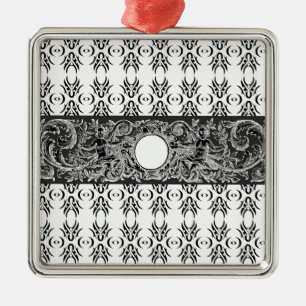 Classy black white Baroque pattern to customise Metal Ornament