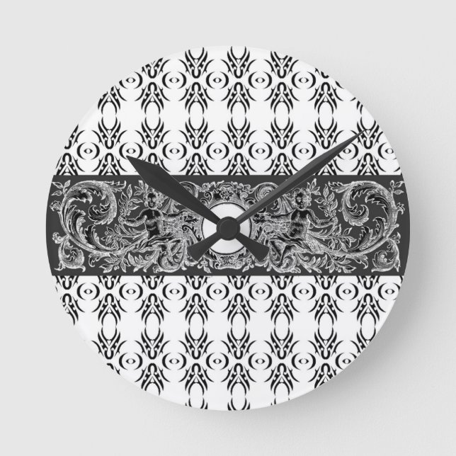 Classy black white Baroque pattern to customise Round Clock (Front)