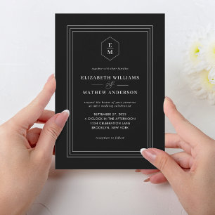 Classy Black White Border Monogram Wedding Invitation