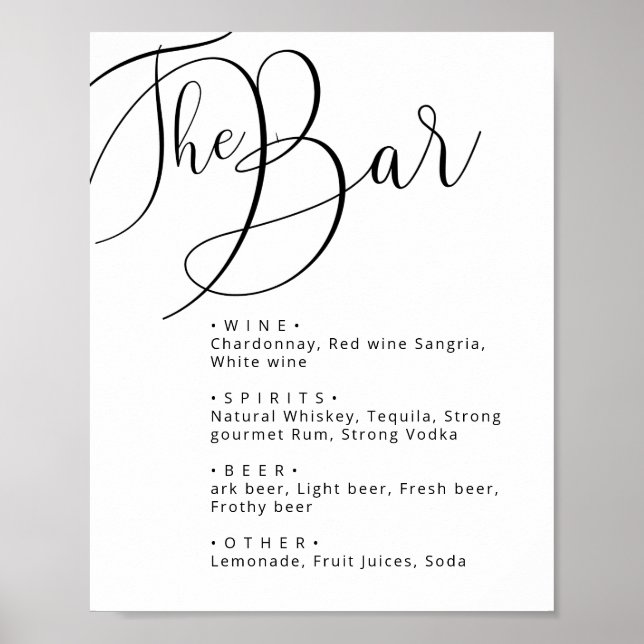 Classy Black white Calligraphy wedding bar menu Poster (Front)