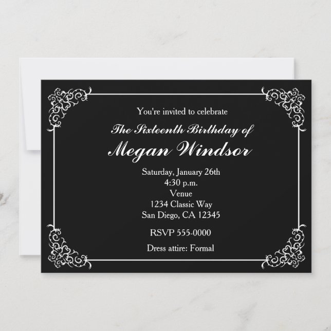 Classy Black & White Elegant Party Invitations (Front)