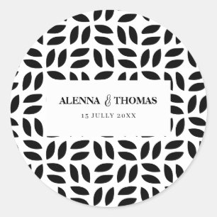 Classy black white geometric floral wedding classic round sticker