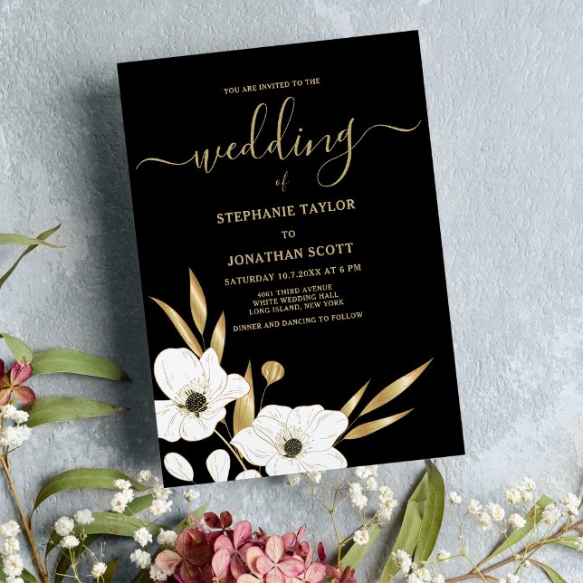 Classy black white gold floral elegant wedding  invitation (Classy black white gold floral elegant wedding)