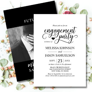 Classy Black White Heart Engagement Party PHOTO Invitation