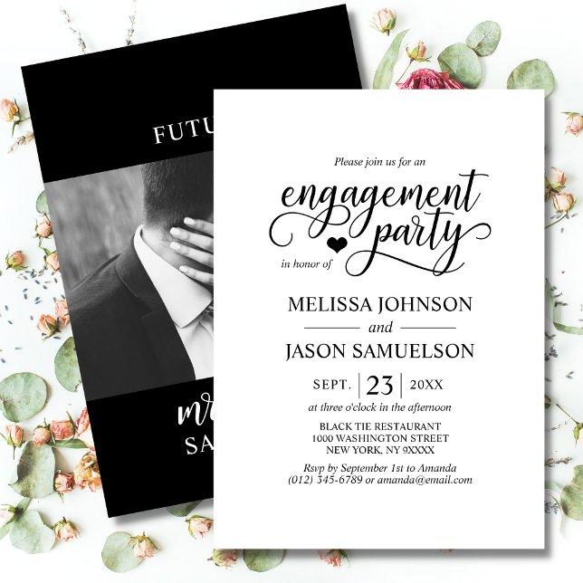 Classy Black White Heart Engagement Party PHOTO Invitation (Creator Uploaded)