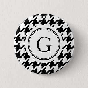 Classy black white houndstooth pattern monogram 6 cm round badge