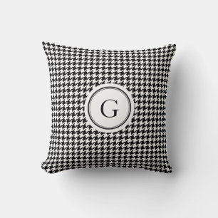 Classy black white houndstooth pattern monogram cushion
