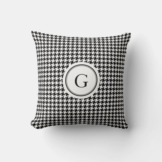 Classy black white houndstooth pattern monogram cushion (Front)