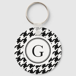 Classy black white houndstooth pattern monogram key ring