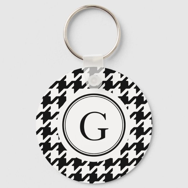 Classy black white houndstooth pattern monogram key ring (Front)