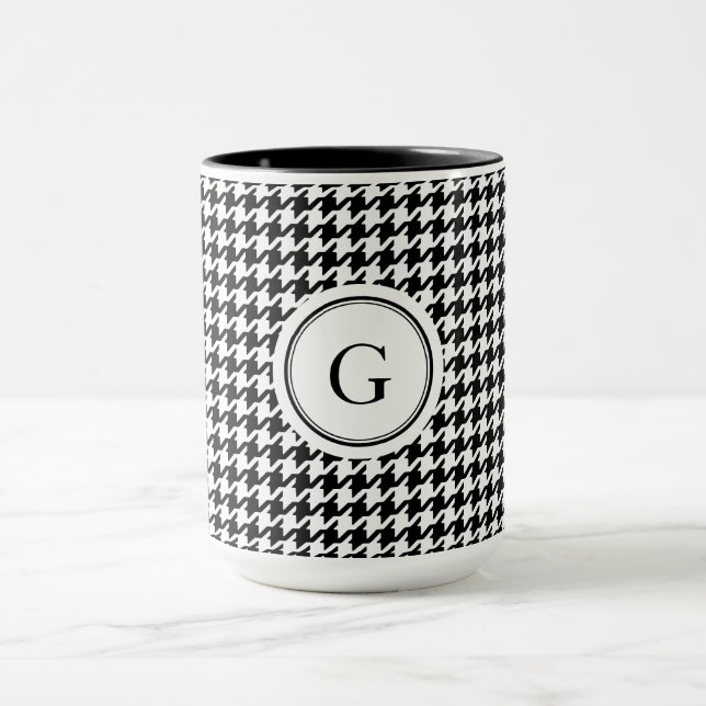 Classy black white houndstooth pattern monogram mug (Center)