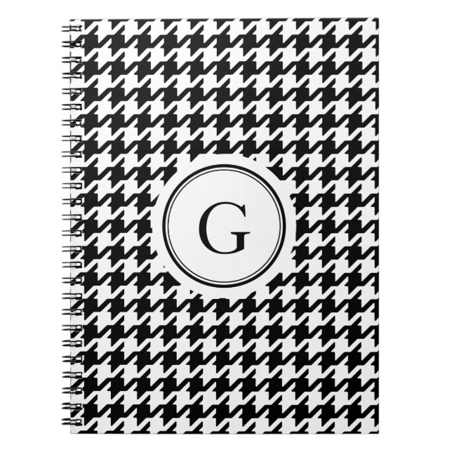 Classy black white houndstooth pattern monogram notebook (Front)