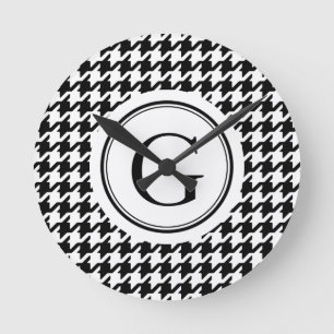 Classy black white houndstooth pattern monogram round clock
