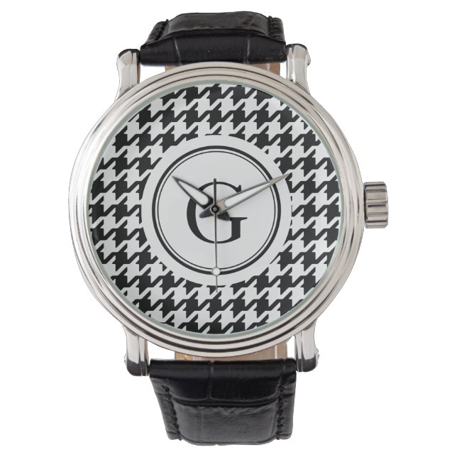 Classy black white houndstooth pattern monogram watch (Front)