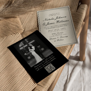 Classy Black White Old Money QR Code Photo Wedding Invitation