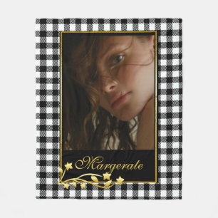 Classy Black & White Personalised Photo Gold Frame Fleece Blanket