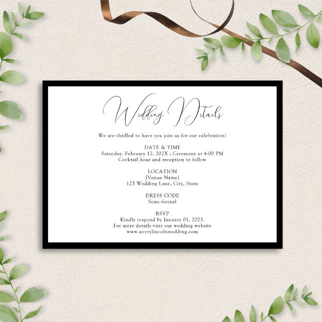 Classy Black & White Script Border Wedding Details Enclosure Card (Creator Uploaded)