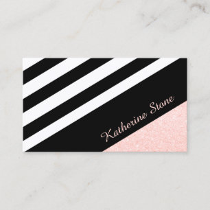 Classy black & white stripe rose gold glitter business card