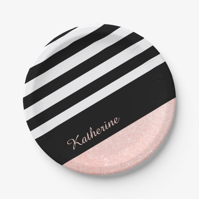 Classy black & white stripe rose gold glitter paper plate (Front)