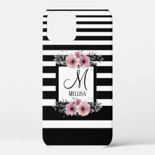 Classy black white stripes floral monogram name iPhone 12 case