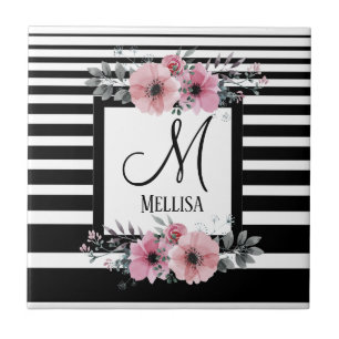 Classy black white stripes floral monogram name ceramic tile