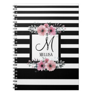 Classy black white stripes floral monogram name notebook