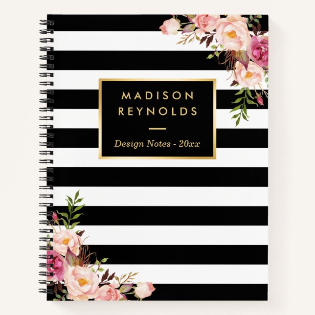 Classy Black White Stripes Floral Personal Notes Notebook (Front)