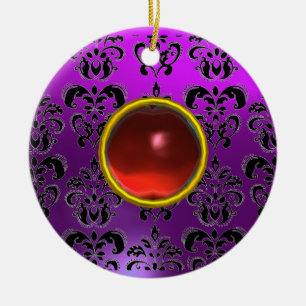 CLASSY BLACK YELLOW DAMASK GEM STONE CERAMIC ORNAMENT