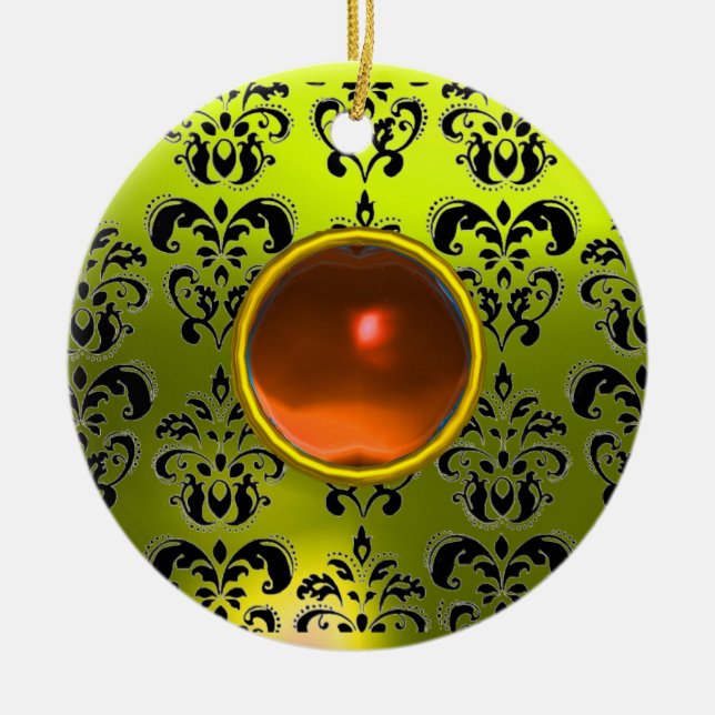 CLASSY BLACK YELLOW DAMASK GEM STONE CERAMIC ORNAMENT (Front)