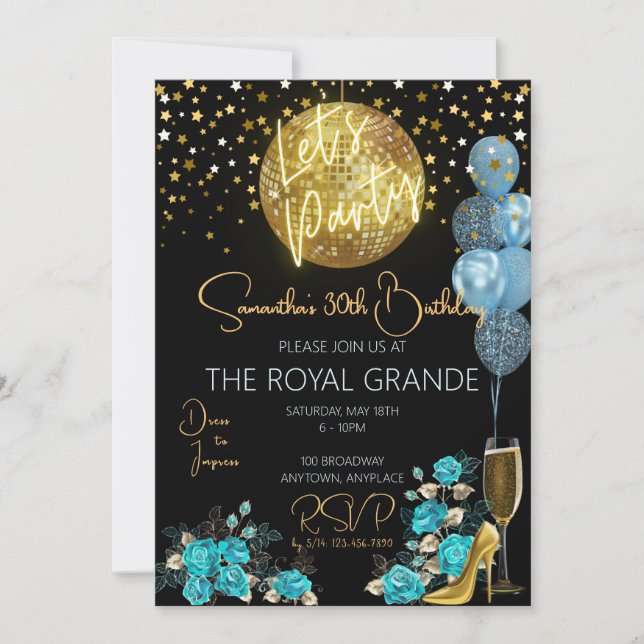 Classy Blue and Gold Fancy Birthday Invitation (Front)