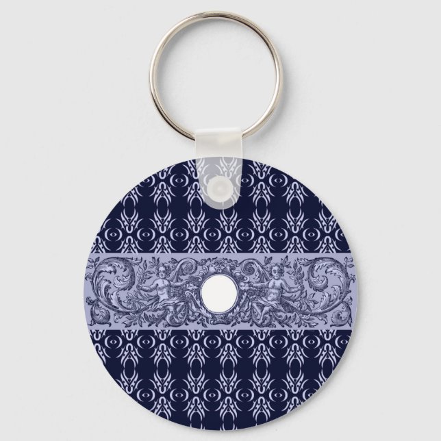 Classy Blue Baroque Pattern by LeahG - cherubs Key Ring (Front)