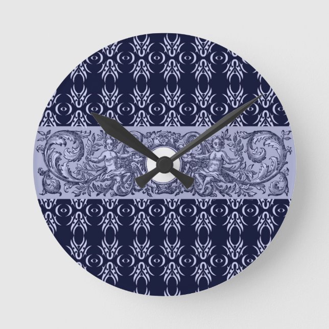 Classy Blue Baroque Pattern by LeahG - cherubs Round Clock (Front)