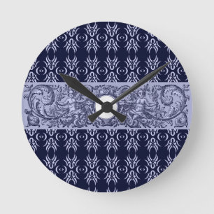 Classy Blue Baroque Pattern by LeahG - cherubs Round Clock