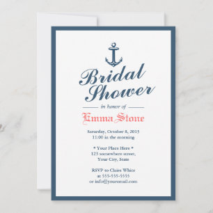 Classy Blue Border Nautical Anchor Bridal Shower Invitation