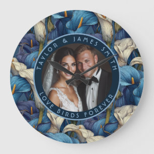 Classy Blue Calla Lilies Modern Wedding Large Clock