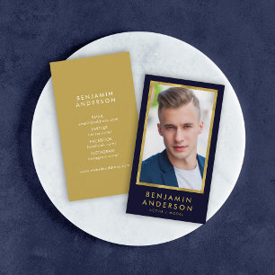 Classy Blue Faux Gold Headshot Photo Business Card
