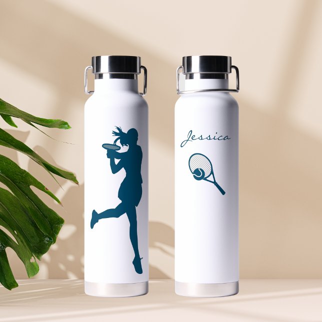 Classy Blue Female Tennis Player Minimalist Water Bottle (Creator Uploaded)