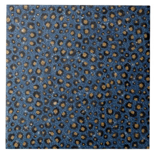 Classy Blue Glitter Black Gold Leopard Print Ceramic Tile