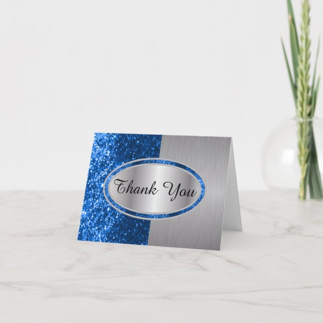 Classy Blue Glitter Brush Steel Metal Look Thank You Card (Front)