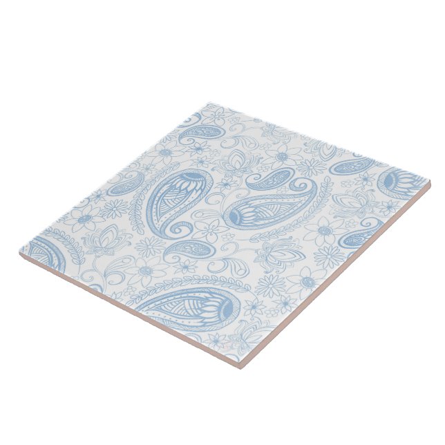 Classy Blue Glitter Paisley Floral White Pattern Ceramic Tile (Side)