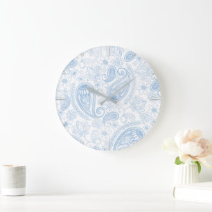 Classy Blue Glitter Paisley Floral White Pattern Large Clock