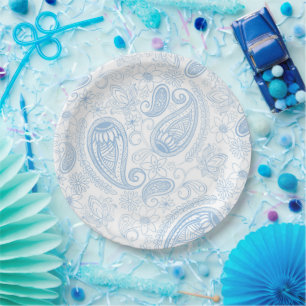 Classy Blue Glitter Paisley Floral White Pattern Paper Plate