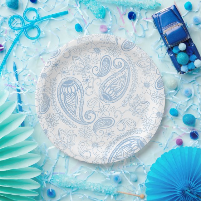 Classy Blue Glitter Paisley Floral White Pattern Paper Plate (Party)