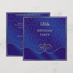 Classy Blue & Gold Swirls, Damask 50th Birthday Invitation
