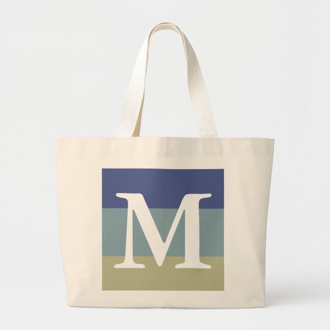 Classy Blue Khaki Striped Colour Palette Monogram Large Tote Bag (Front)